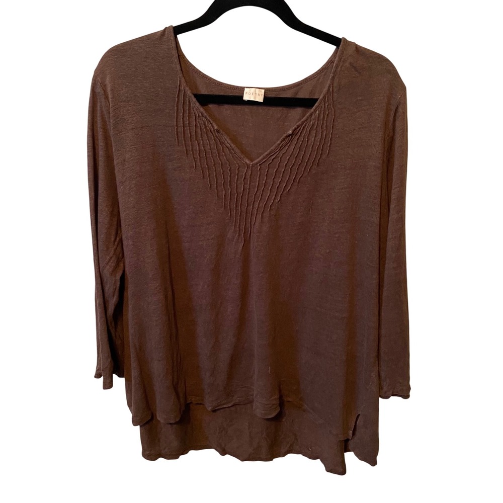 Poetry Brown V Neck Pleated Tunic Top‎ Linen Blend Long Sleeve Women Size US 14